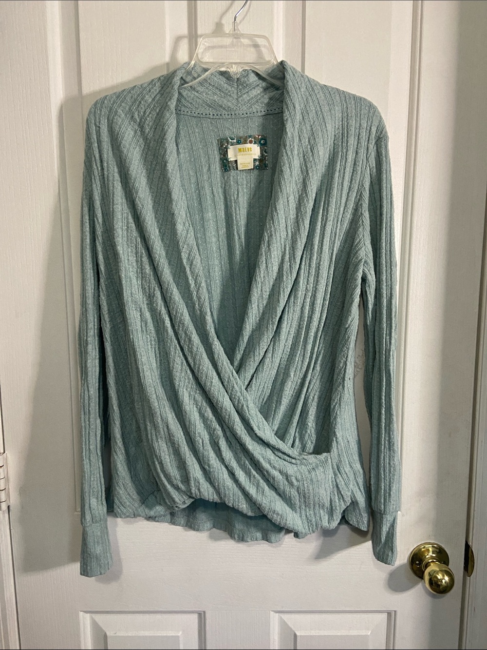 Maeve Sage Green Ribbed Wrap-Front Long Sleeve Top